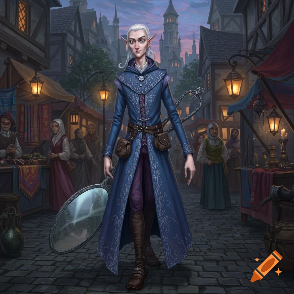 A tall, odd-looking male elven wizard in blue and purple robes walks through a medieval market, holding a long mirror.