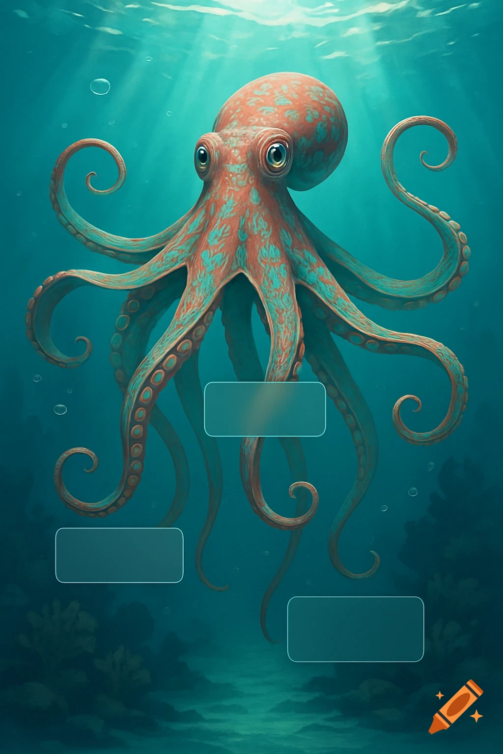 An illustrated orange and teal octopus floats gracefully in a bright blue underwater scene with sun rays and bubbles.