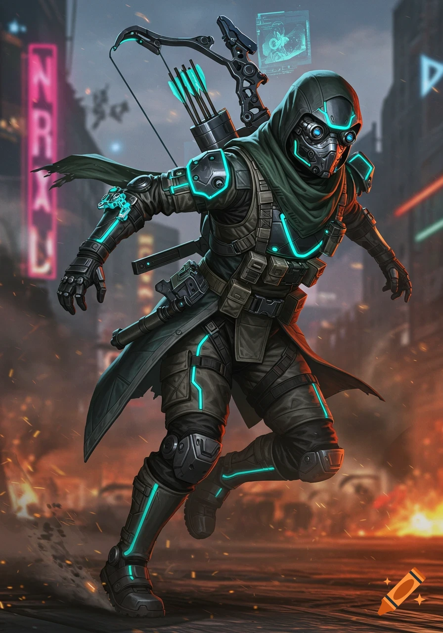 A detailed cyberpunk assassin in high-tech armor with glowing teal lines, holding an energy bow, running through a neon-lit urban battlefield at dusk.