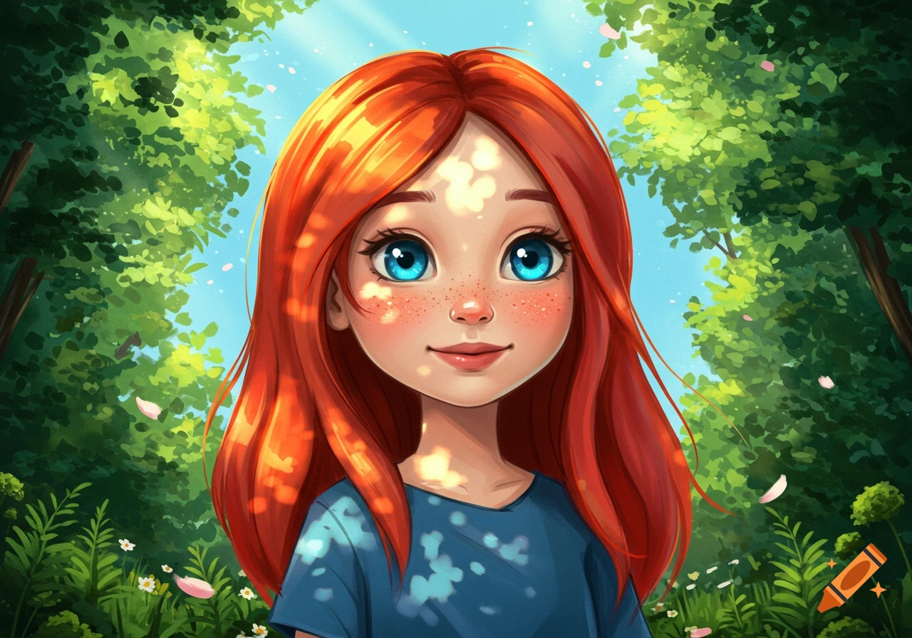 A cute cartoon girl with red hair, blue eyes, and freckles smiles in a sunny forest, wearing a blue shirt.