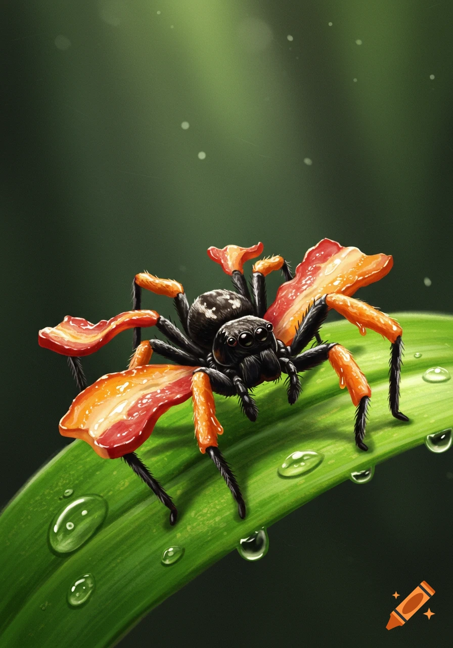 A black jumping spider with bacon strips on its legs sits on a green leaf with water droplets, digital illustration.
