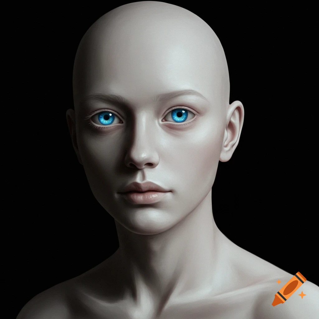 A close-up portrait of a bald person with pale skin and striking blue eyes against a dark background.