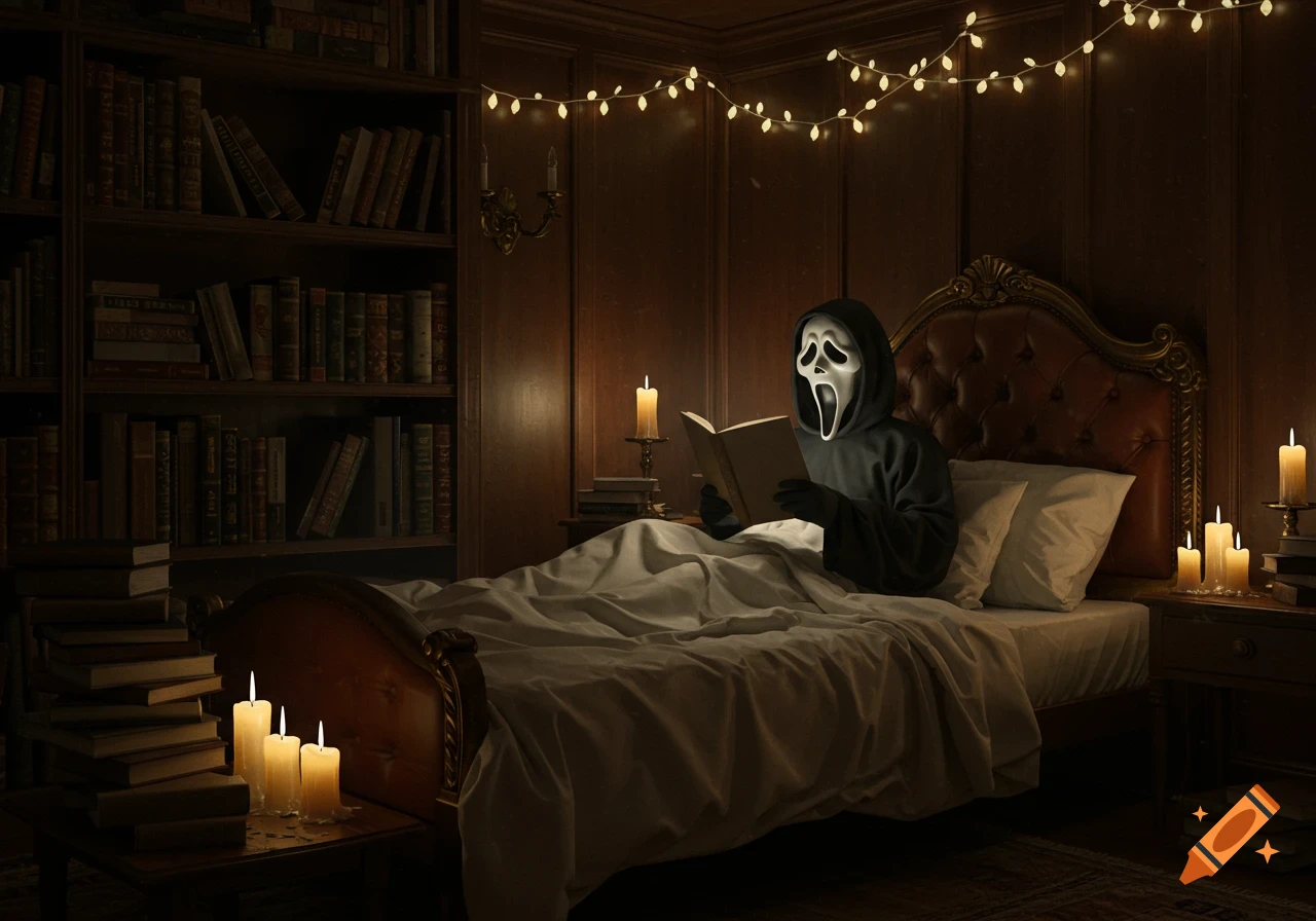 Ghostface in bed reading a book in a dark, cozy room with bookshelves, candles, and string lights.