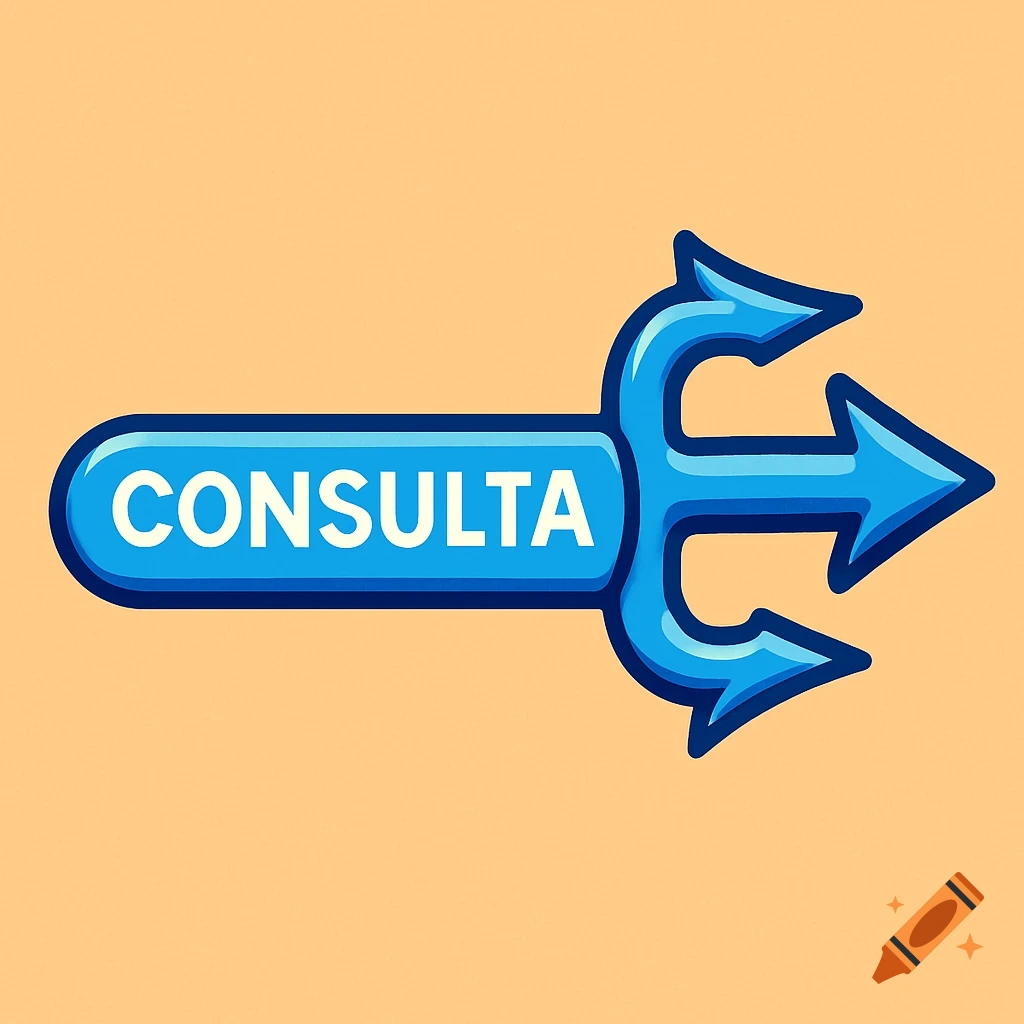 A blue flat cartoon trident-shaped arrow with the word 'CONSULTA' on a beige background.