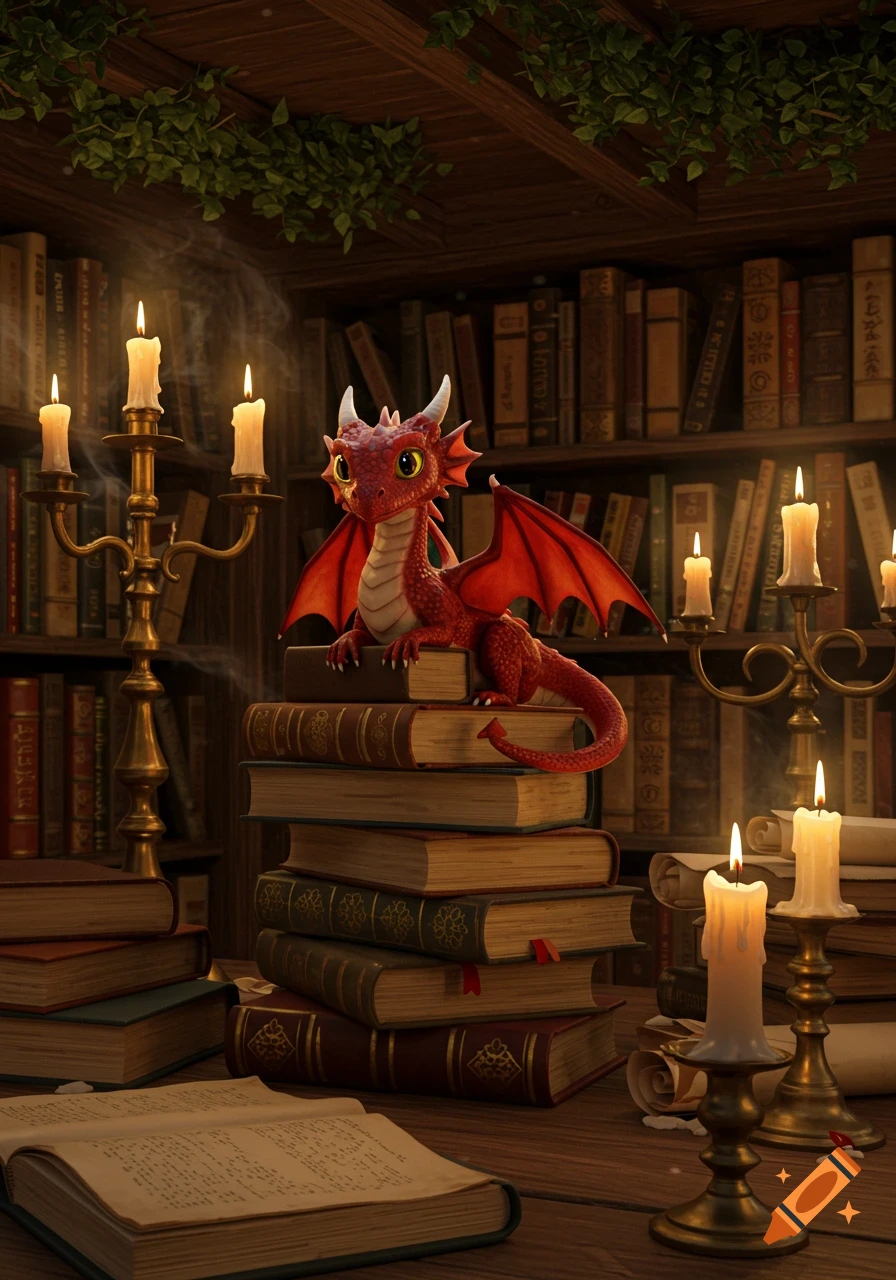 A cute red dragon perches atop a stack of books in a dimly lit, cozy library filled with bookshelves and glowing candles.