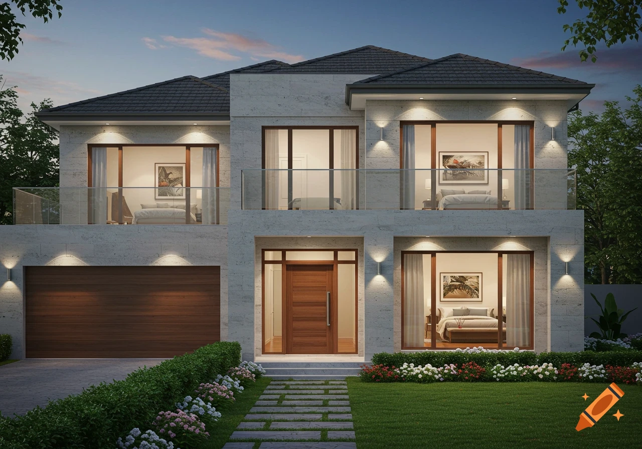 A modern two-story house with a light grey stone facade, dark roof, and wooden garage and front doors, under a twilight sky with a landscaped yard.