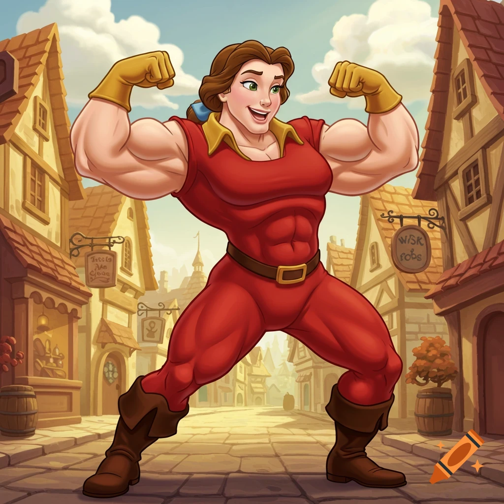 A muscular Belle, dressed as Gaston, flexes her biceps and abs in a cartoon village setting.