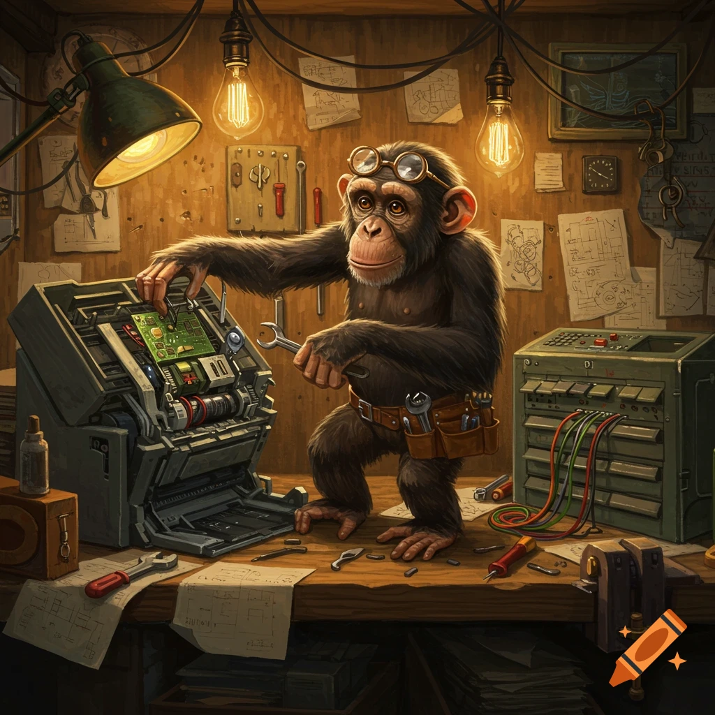 A detailed illustration of an anthropomorphic chimpanzee in goggles and a tool belt, repairing an electronic machine in a cluttered workshop.