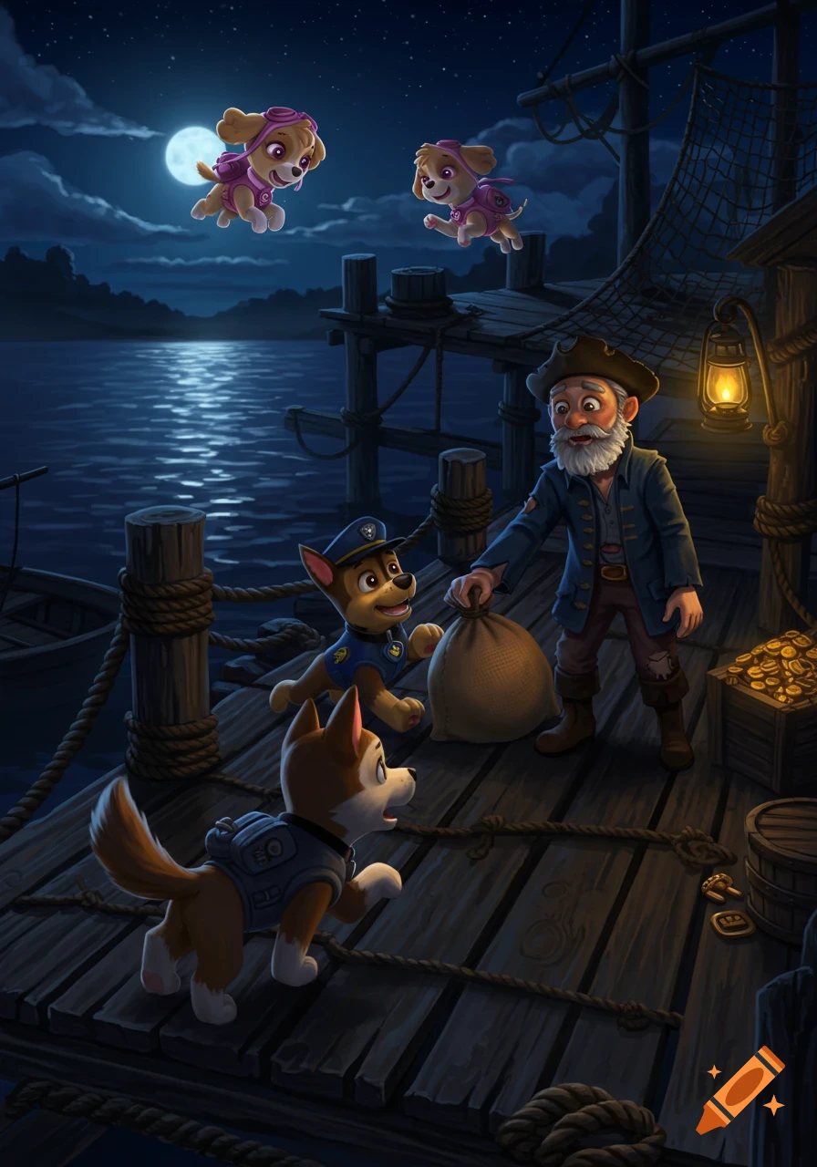 Cartoon illustration of three Paw Patrol puppies and an old pirate on a moonlit dock. Two puppies fly above, while one puppy and a pirate with a treasure sack are on the dock.