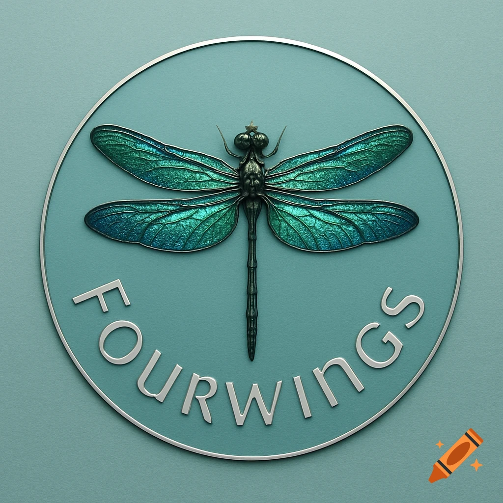 Circular logo featuring a metallic green and teal dragonfly with the word FOURWINGS below it, on a teal background.