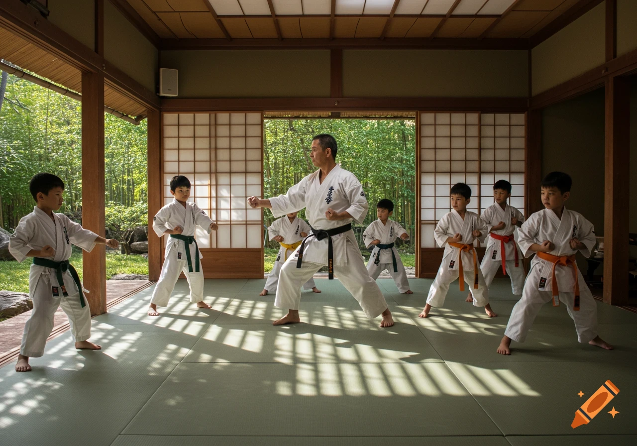 An adult instructor teaches karate to children in white uniforms inside a traditional Japanese dojo with a bamboo forest outside.