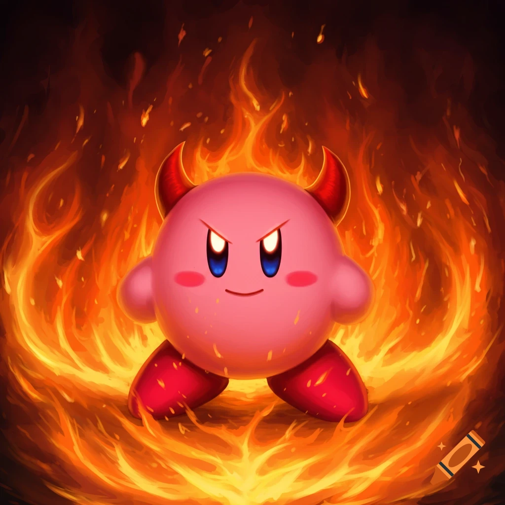 Cartoon Kirby with devil horns and an angry expression, surrounded by a fiery inferno.