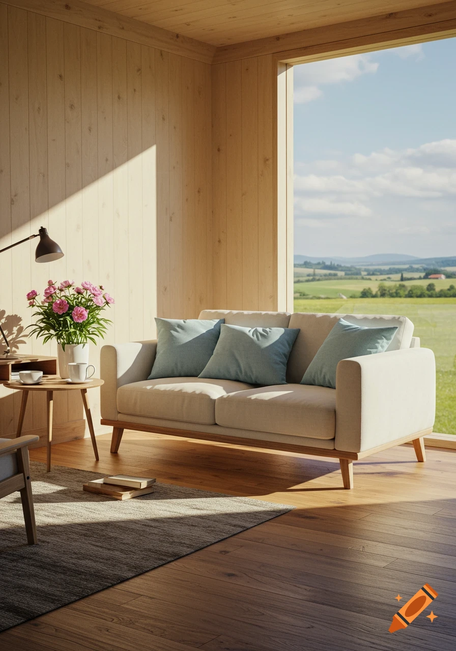 A cozy room with natural light, a white couch, blue pillows, and a scenic window view of a green landscape.