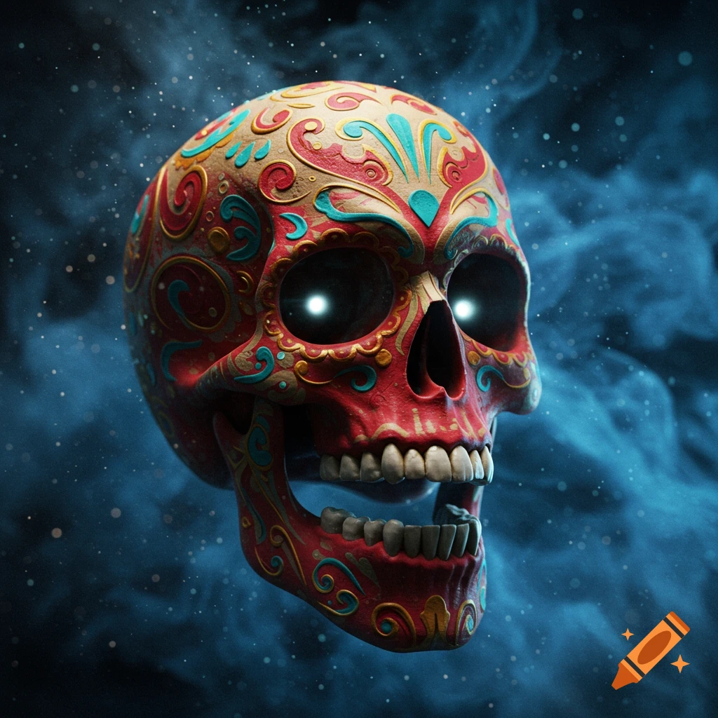 A vibrantly painted skull with red, gold, and teal patterns, glowing white eyes, against a smoky, dark blue background with small light specks.