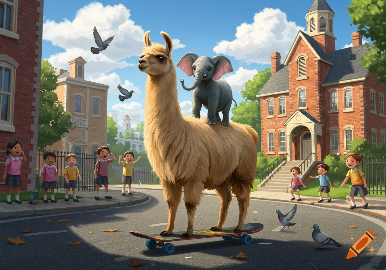 An illustrated scene of a llama skateboarding with an elephant on its back, observed by children on a street in front of a school.