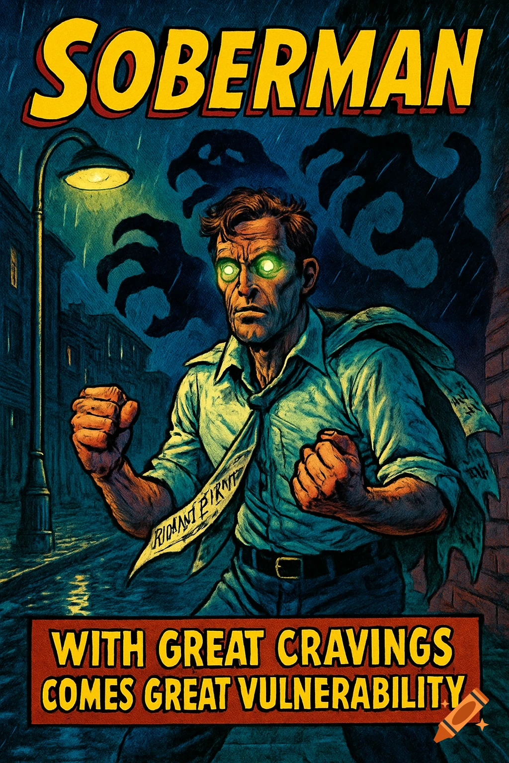 Comic book illustration of 'Soberman,' a man with glowing green eyes and clenched fists on a rainy street, facing monstrous shadows. Text reads 'Soberman' and 'With great cravings comes great vulnerability.'