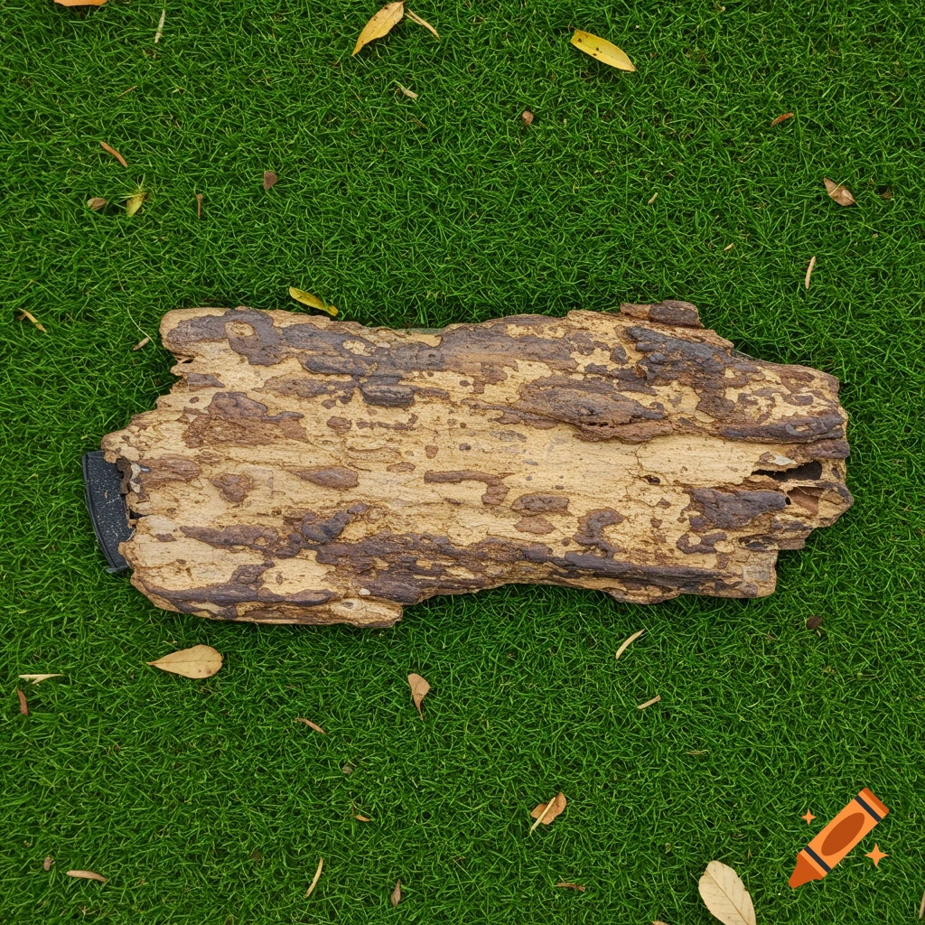 A top-down shot of a weathered, mottled piece of wood on vibrant green grass with scattered autumn leaves.