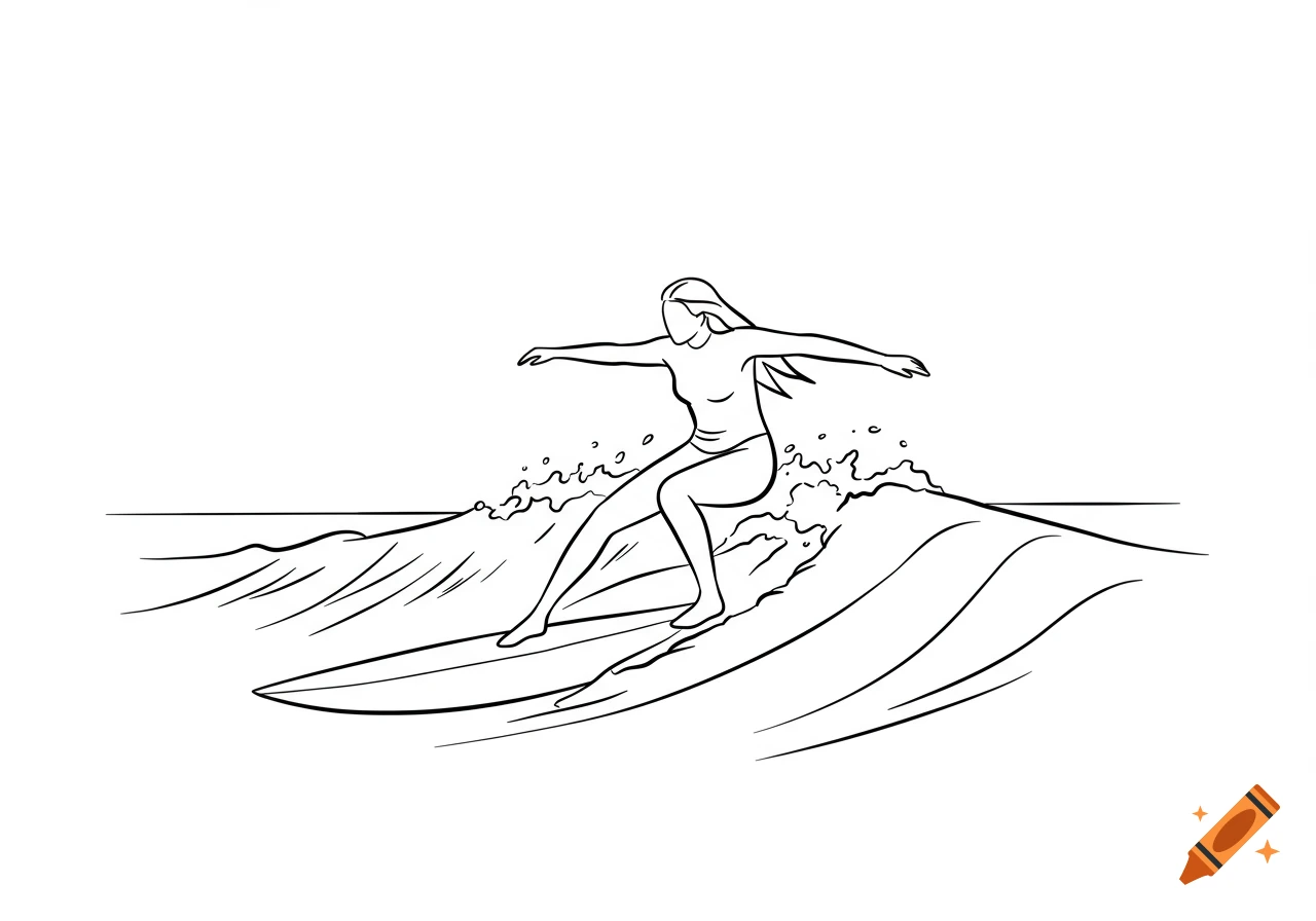 Minimal black line art illustration of a surfer girl riding a wave.