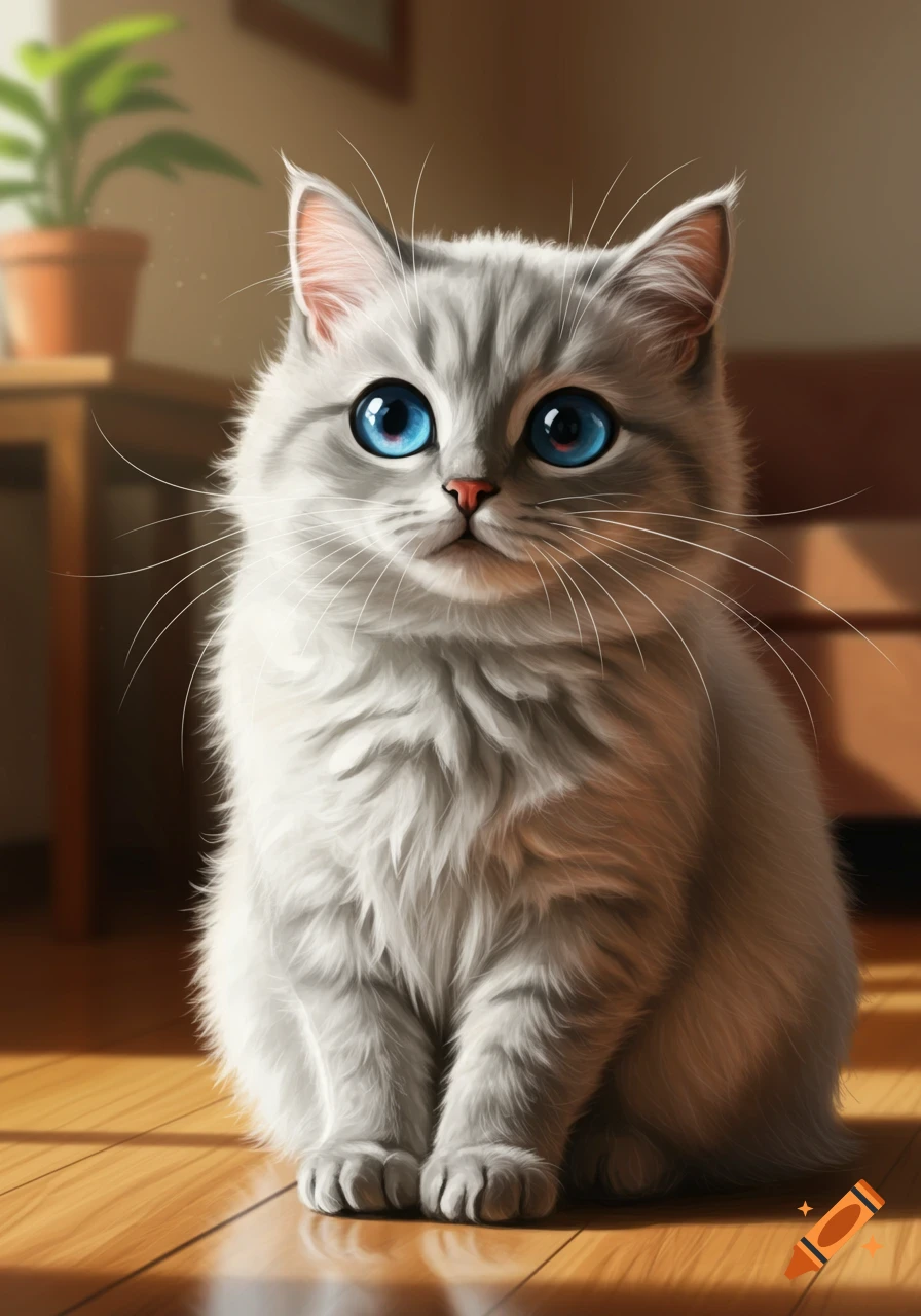A fluffy gray cat with large blue eyes sits on a wooden floor, bathed in soft sunlight. Photorealistic style.