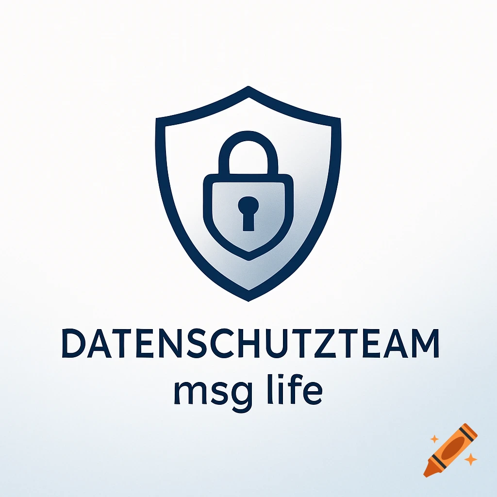 Logo featuring a dark blue shield with a padlock icon, and text 'DATENSCHUTZTEAM msg life' below, on a white background.
