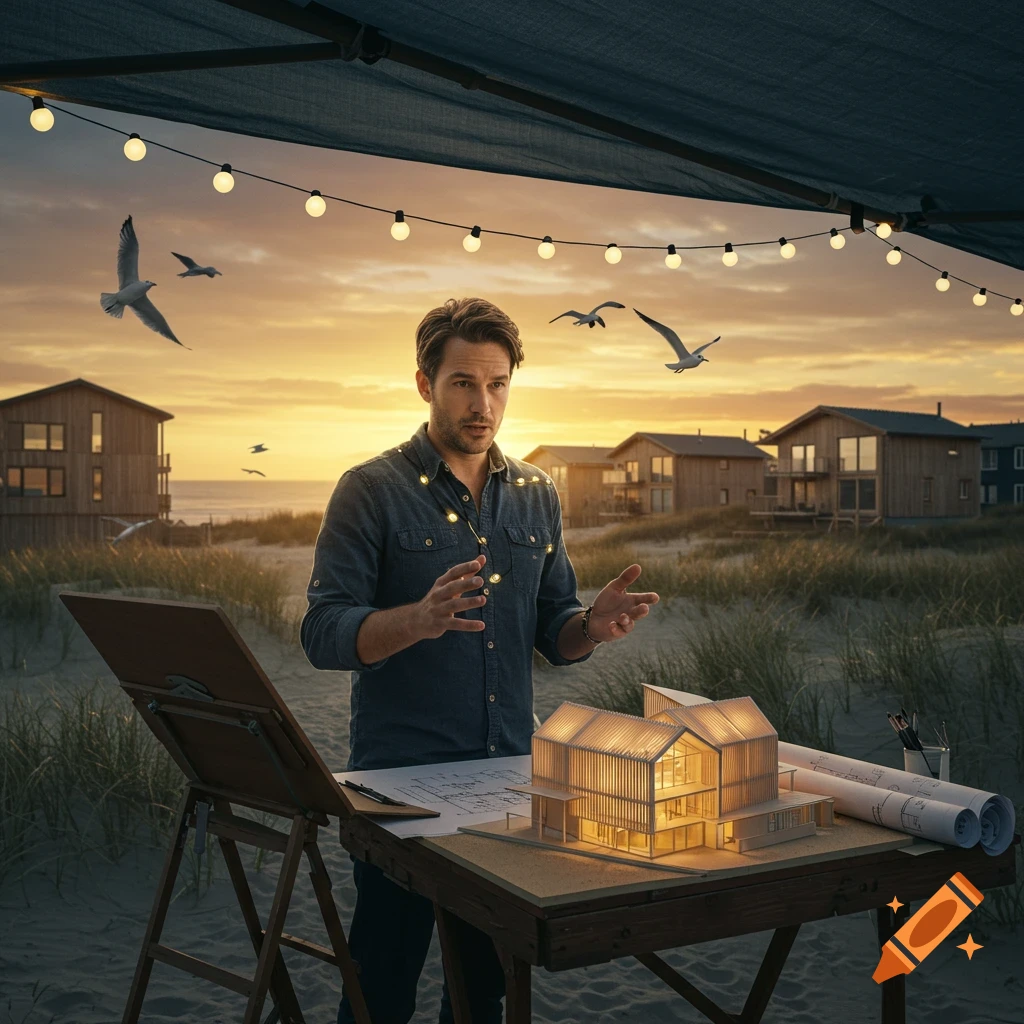 Man in a denim shirt presenting a glowing architectural model on a table at a beach, with houses and seagulls at sunset.