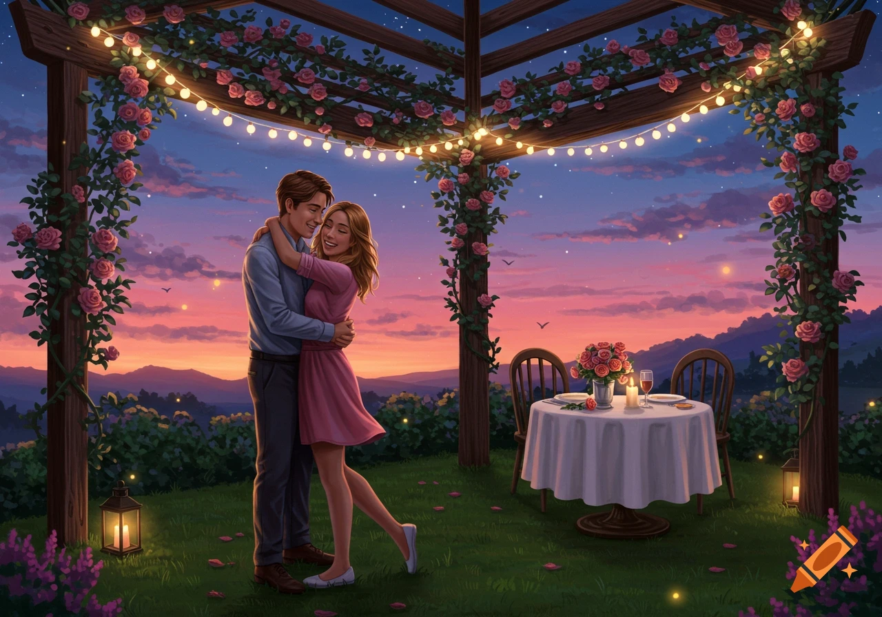 A romantic illustration of a couple hugging under a rose-covered pergola at sunset, with a candlelit table nearby.
