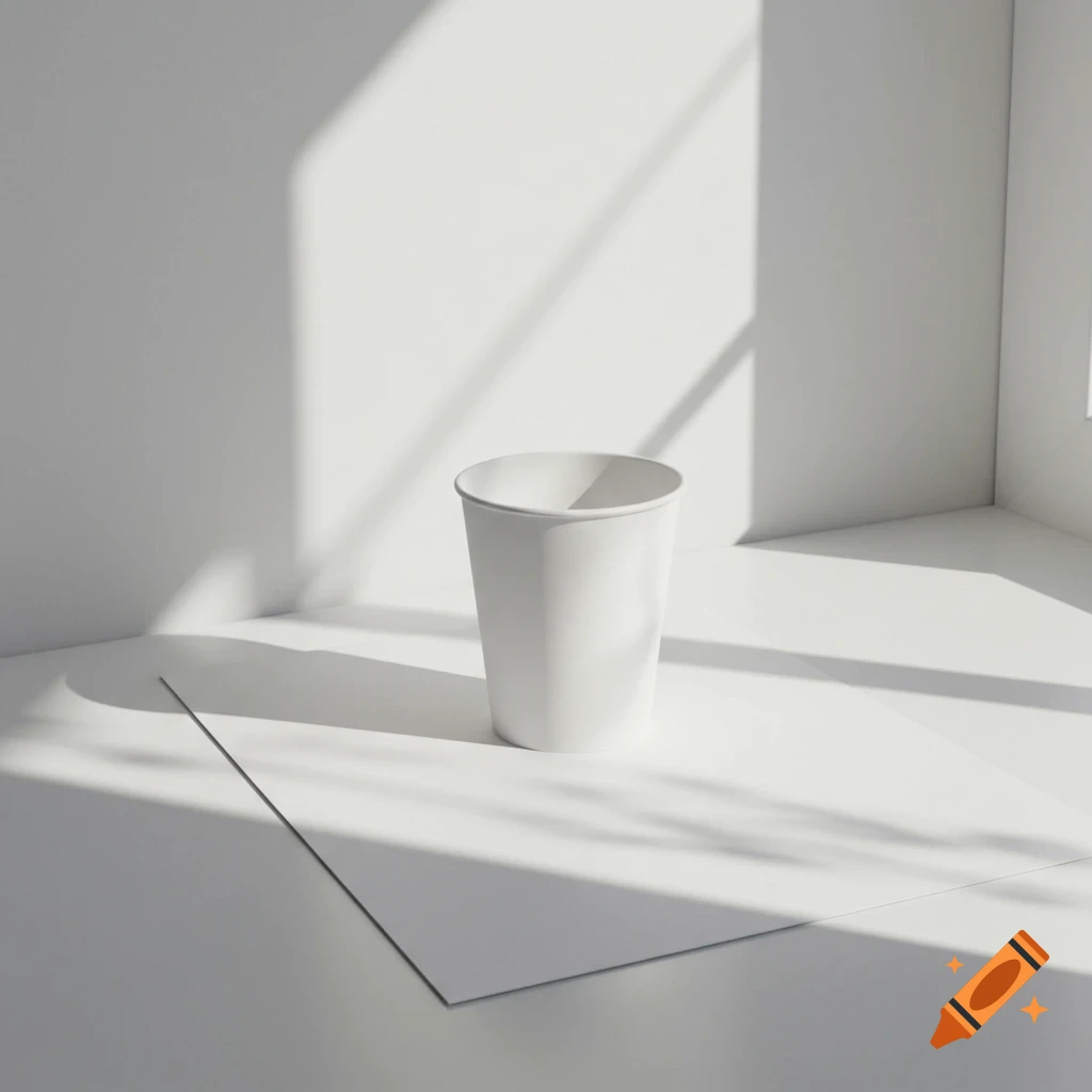 A white paper cup stands on white paper, casting sharp shadows in a minimalist, sunlit room.