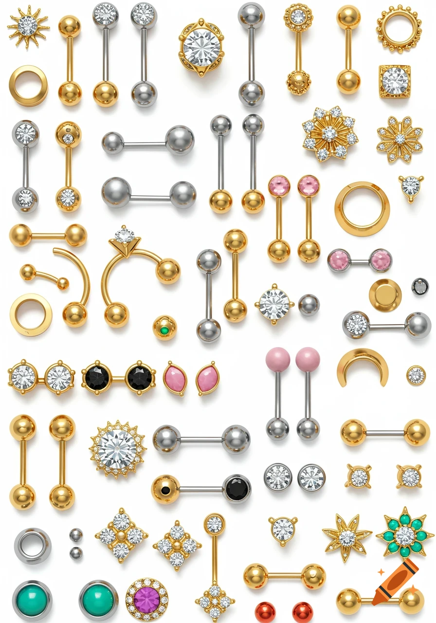 A collection of luxury gold and silver piercing jewelry with diamonds and colorful gemstones displayed on a white background.