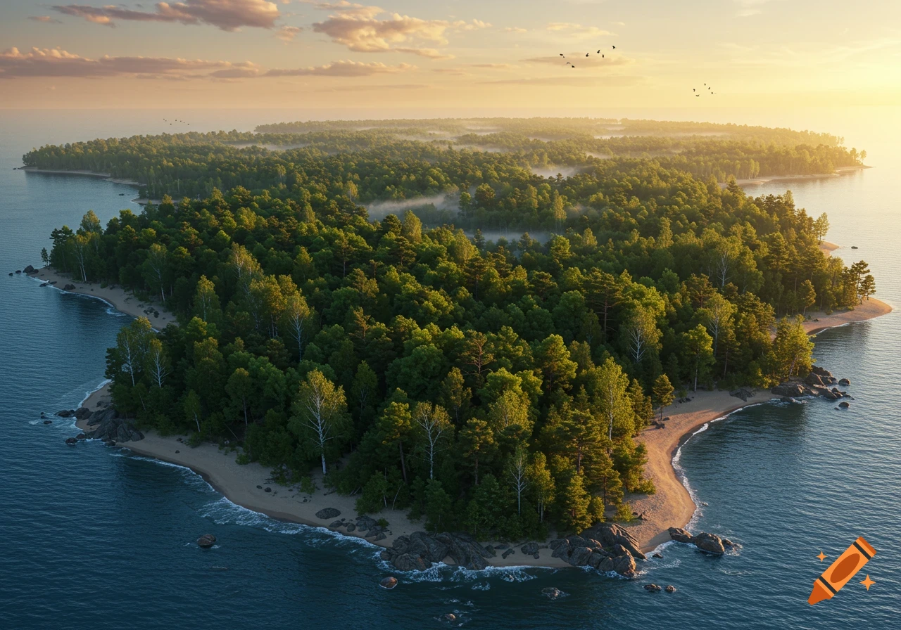 Aerial view of a forested island with sandy beaches and rocks surrounded by calm blue water under a vibrant sunrise sky.