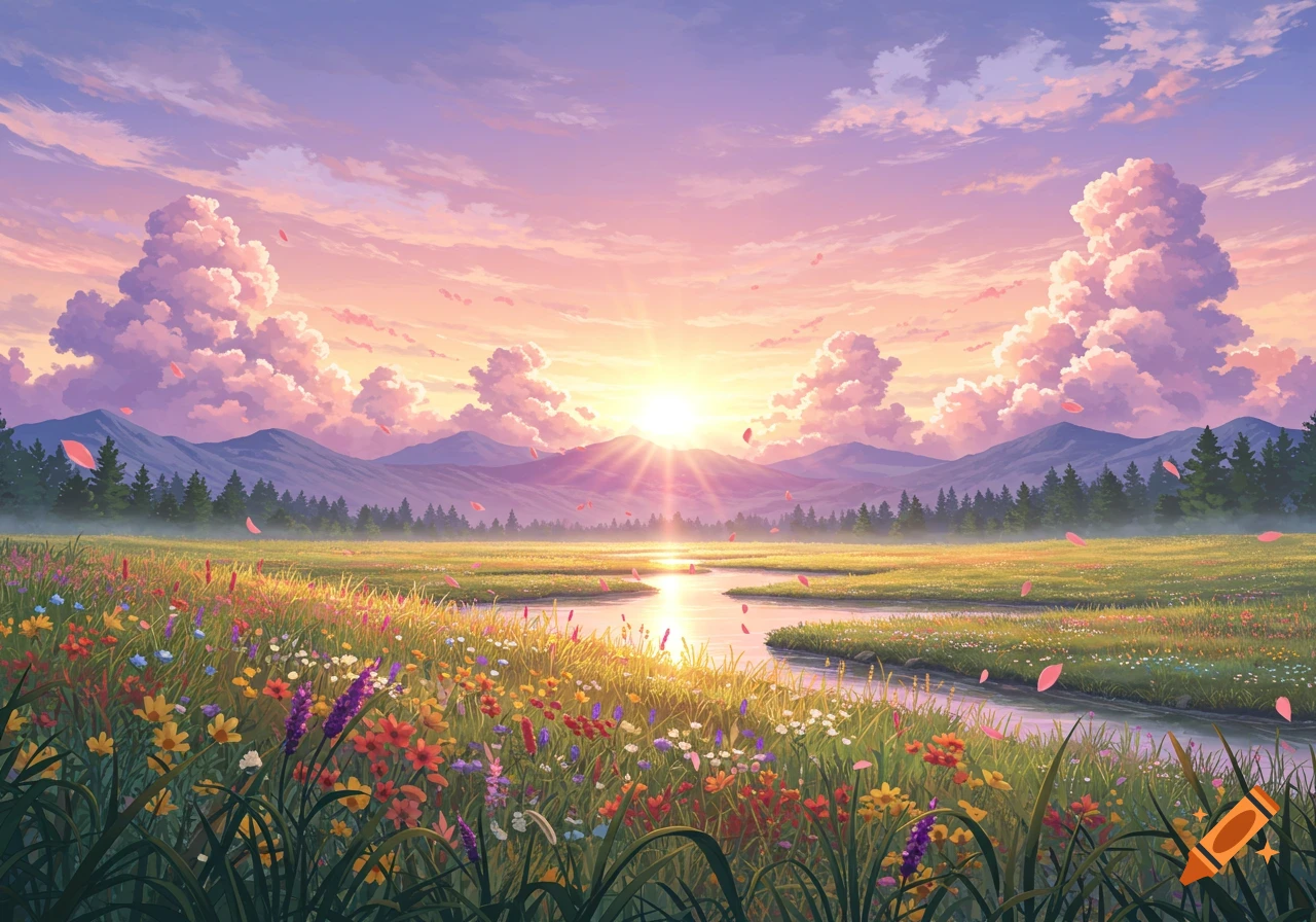 An anime-style landscape at sunset, featuring a winding river through a vibrant meadow of wildflowers and distant mountains.