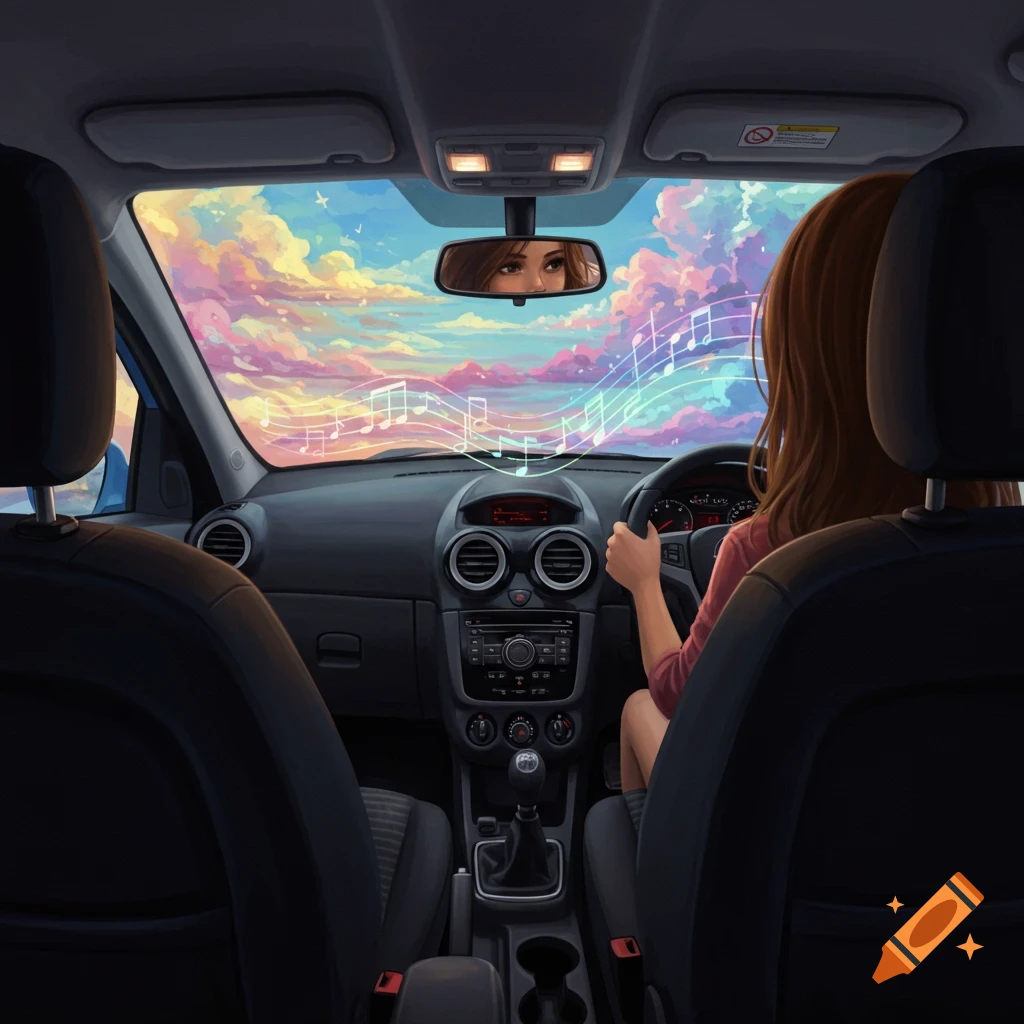 A woman with brown hair drives a car, seen from the back seat. Musical notes float above the dashboard, and the windshield shows a vibrant, cloudy, pastel-colored sky.