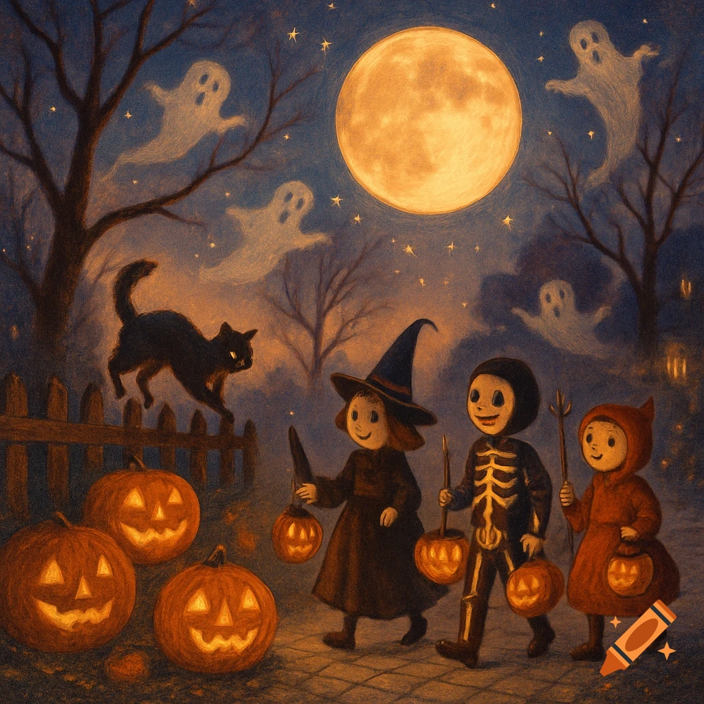 Illustration of three costumed children trick-or-treating on Halloween night with pumpkins, a black cat, and ghosts under a full moon.