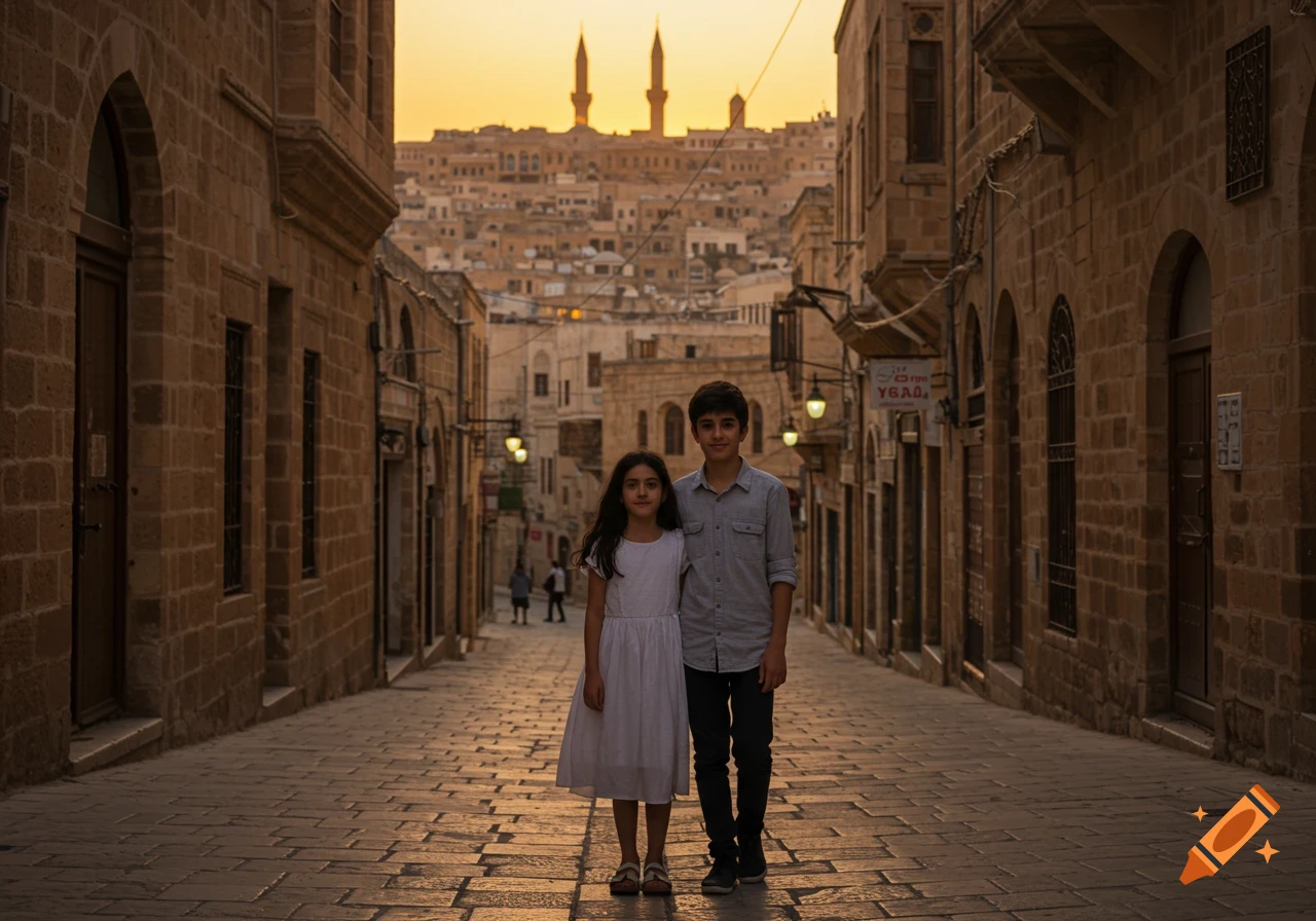 Two children stand on a narrow, stone street at sunset, flanked by old buildings, with a hilltop city and minarets in the background.