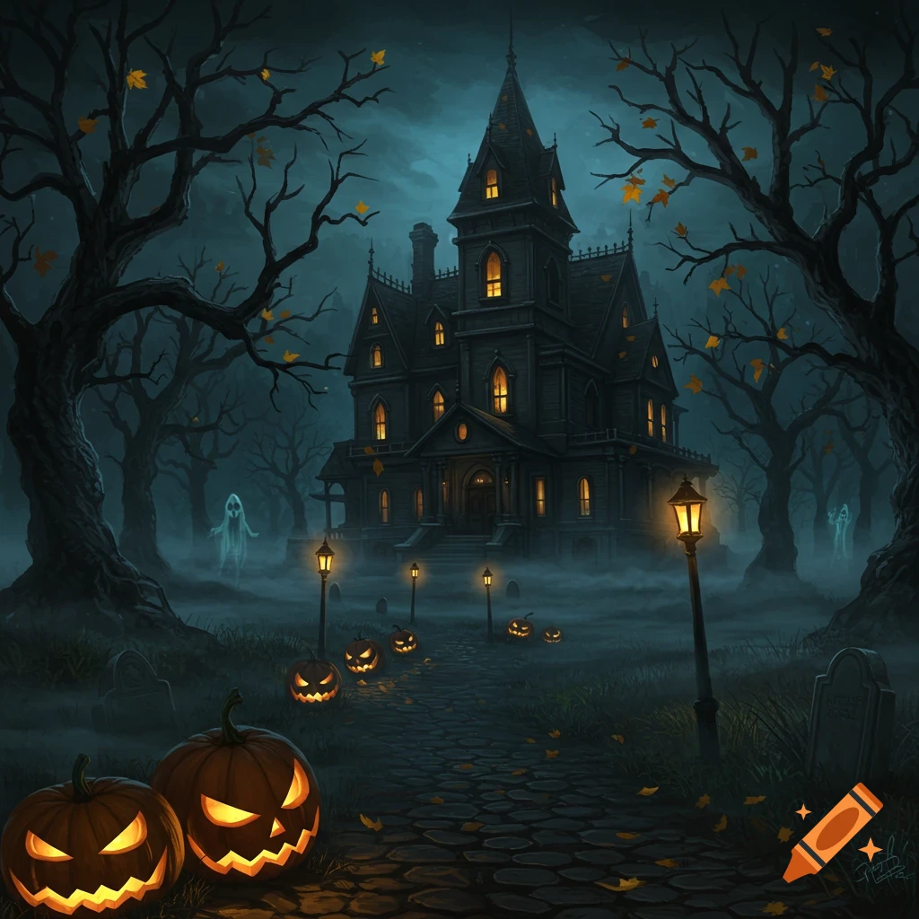 A dark, spooky haunted mansion with glowing windows, surrounded by bare trees, fog, and jack-o'-lanterns on a winding path at night. Ghostly figures appear in the distance.