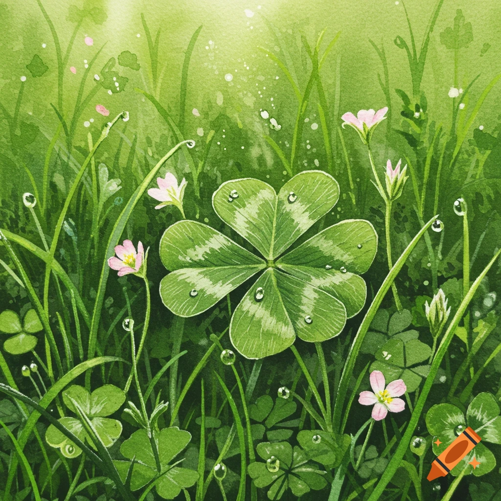 A watercolor illustration of a four-leaf clover with dewdrops, surrounded by green grass and small pink flowers.