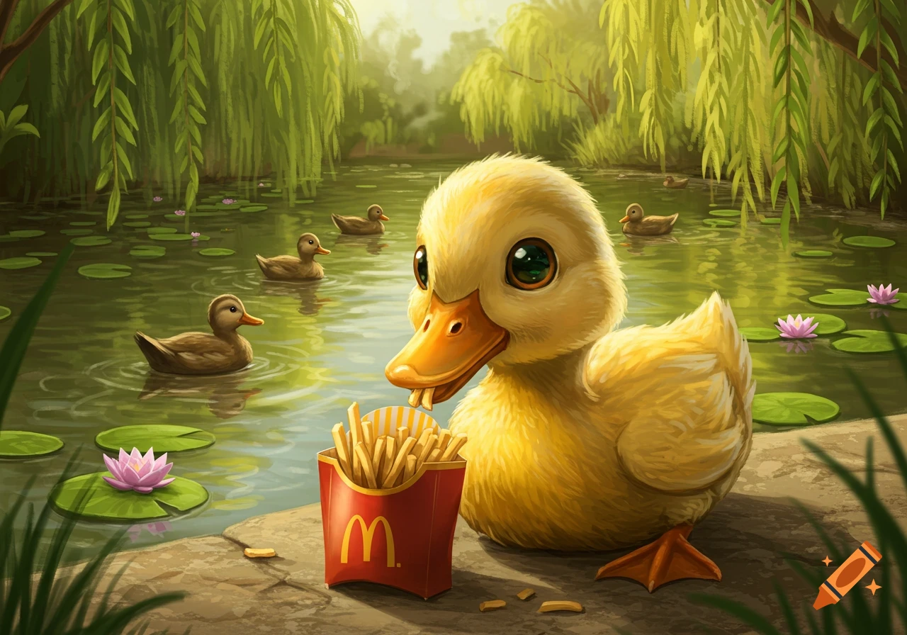 A cute yellow duckling eating McDonald's fries from a red box by a pond with other ducks and willow trees, in a digital illustration style.