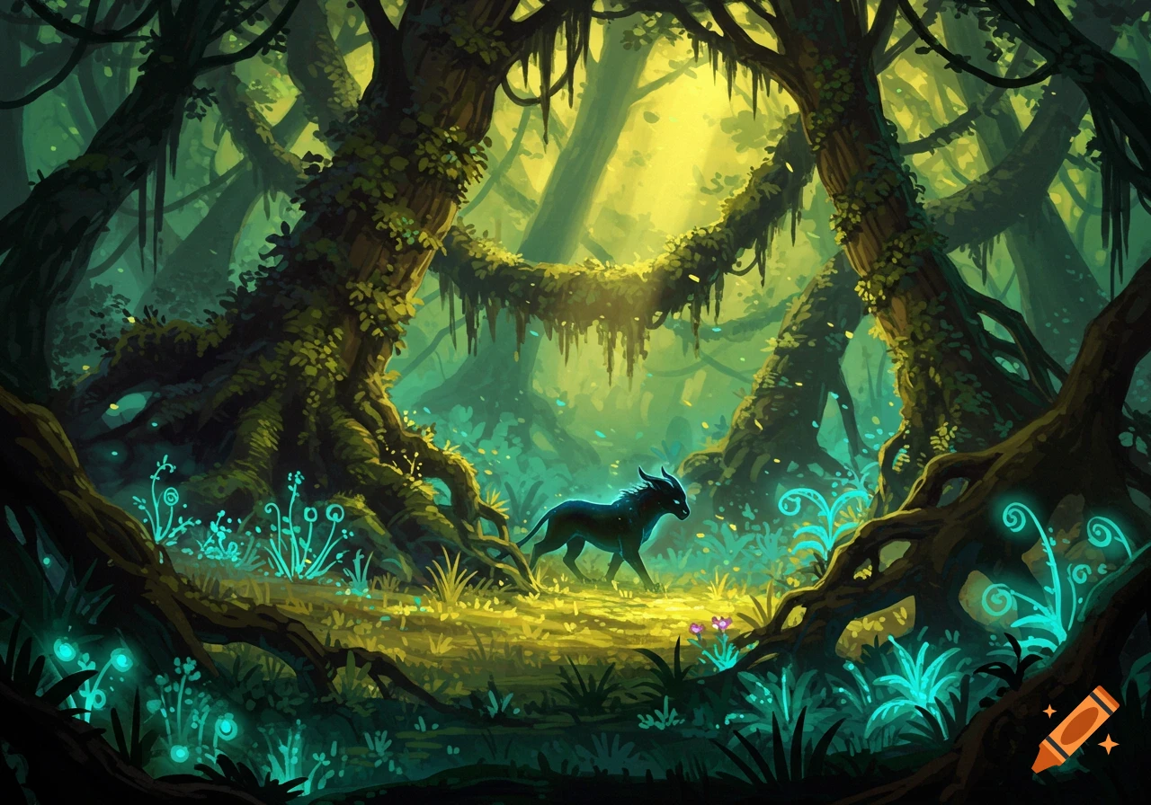 Stylized illustration of a dark, horned creature walking through a vibrant, mystical jungle with glowing blue plants under sunbeams.