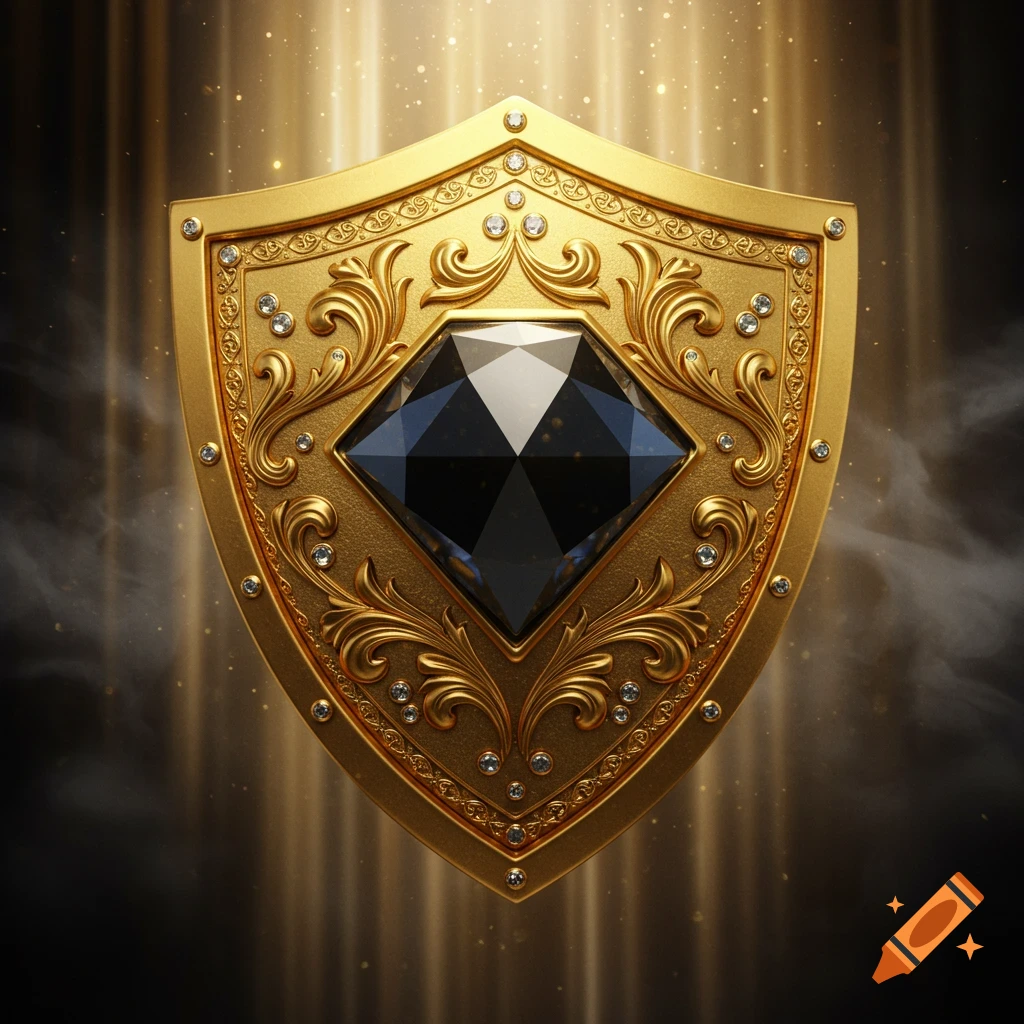 Ornate gold shield featuring a large black diamond, surrounded by filigree and small white diamonds, glowing.