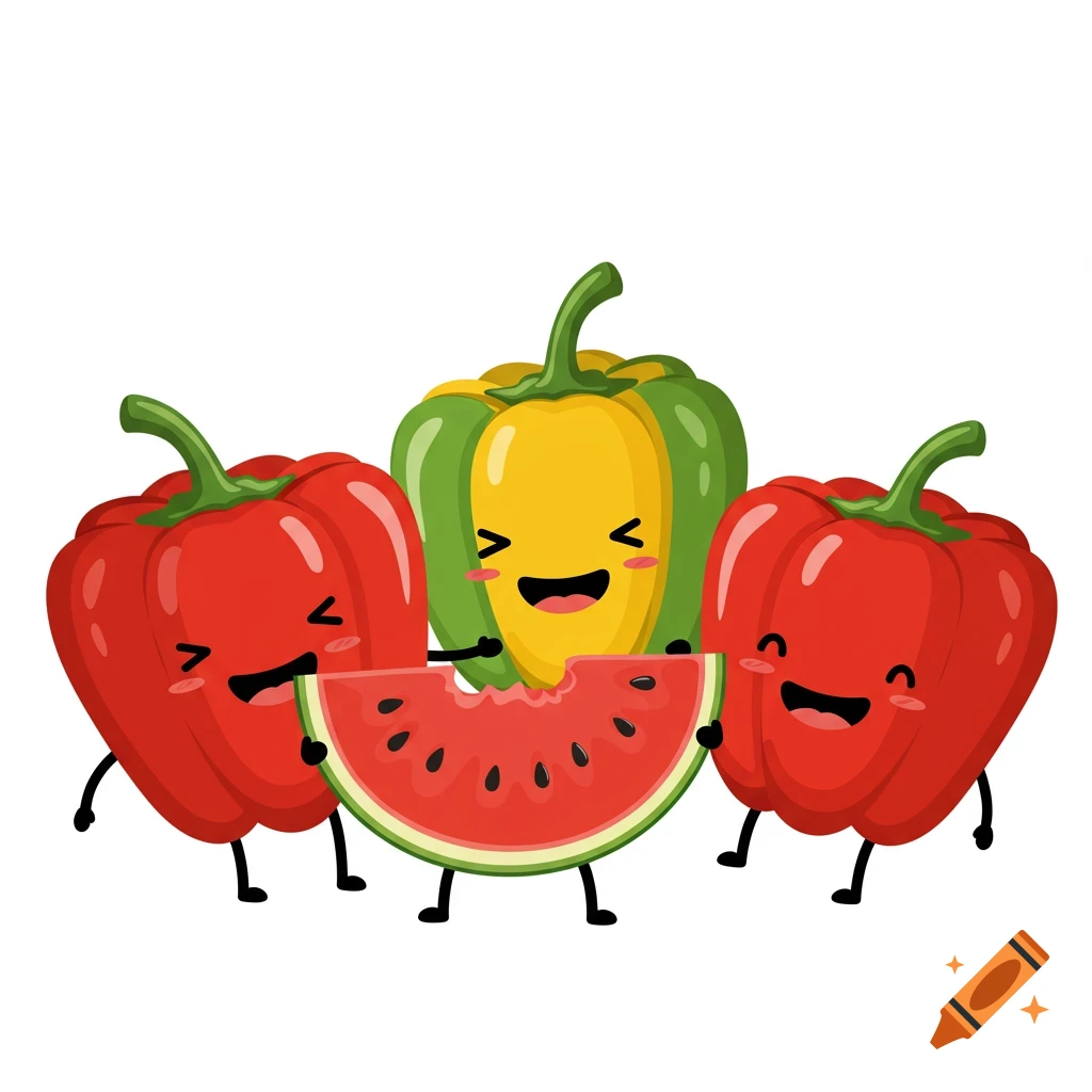 Cartoon illustration of three happy peppers, two red and one green and yellow, holding and eating a slice of watermelon.