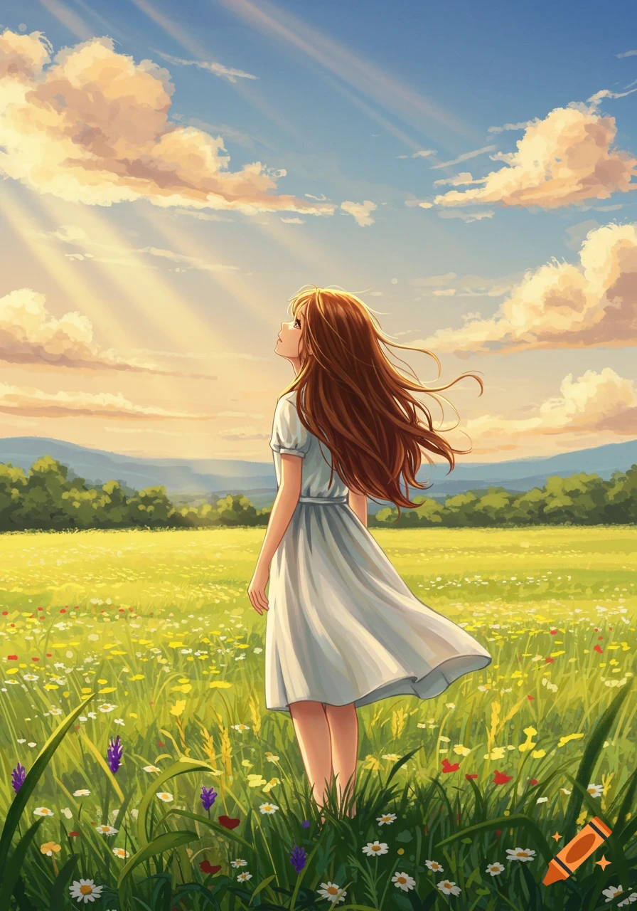 Anime girl with long brown hair in a white dress stands in a sunny flower field, looking up at the sky with clouds and sun rays.