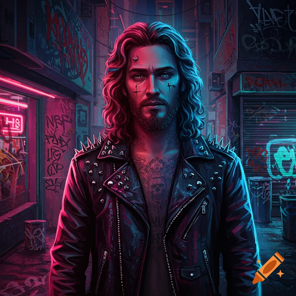 A man with long wavy hair and a beard, wearing a studded punk leather jacket, stands in a neon-lit, graffiti-covered urban alley.