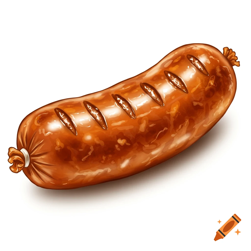 A glistening, freshly cooked brown sausage with grill marks on a white background.