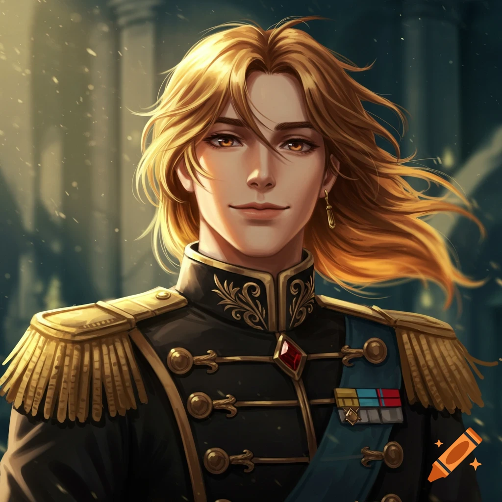 Digital art portrait of a young man with golden hair and light brown eyes, smiling in a black general's uniform with gold epaulets.