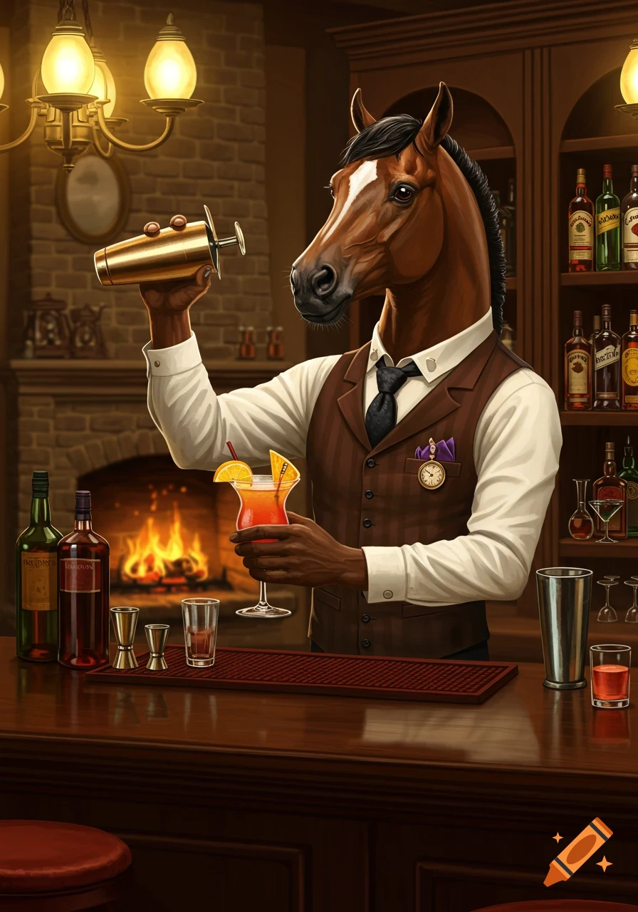 A horse-headed bartender wearing a waistcoat mixes a cocktail in a warmly lit bar with a fireplace and shelves of bottles.