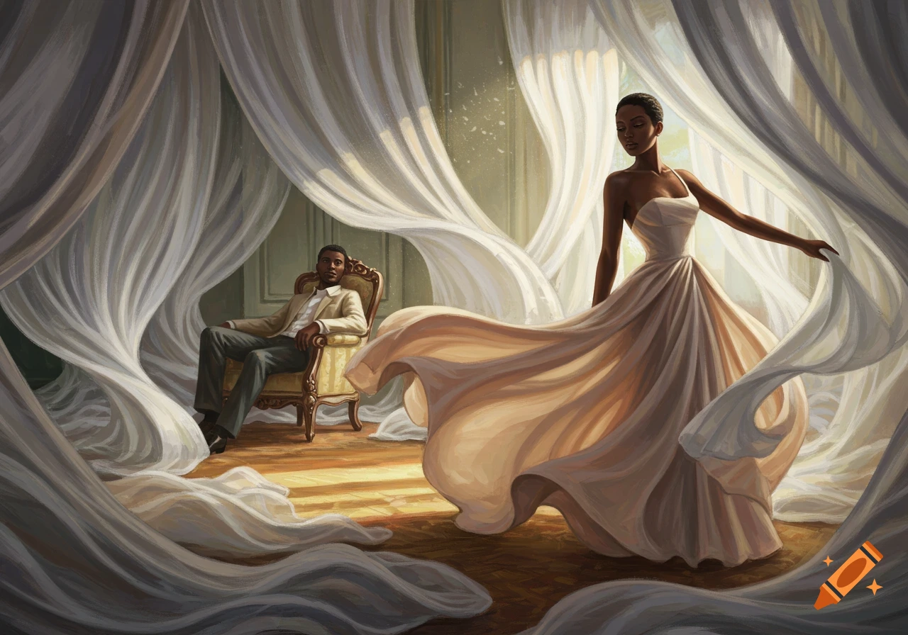 Dark-skinned woman in a flowing cream dress dances amidst sheer white curtains in a sunlit room, a man watches her from a chair.
