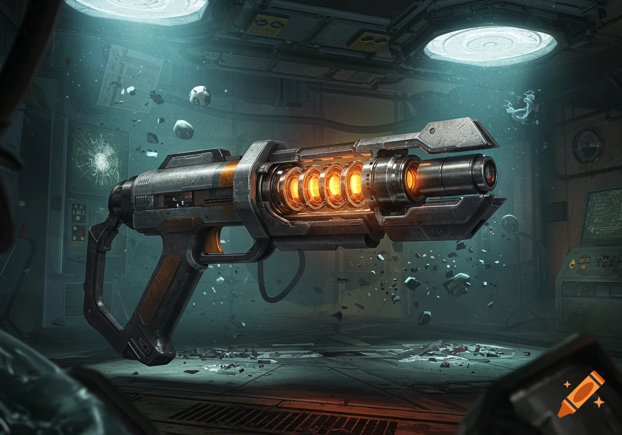 A futuristic gravity gun with glowing orange core in a damaged sci-fi room, digital art.
