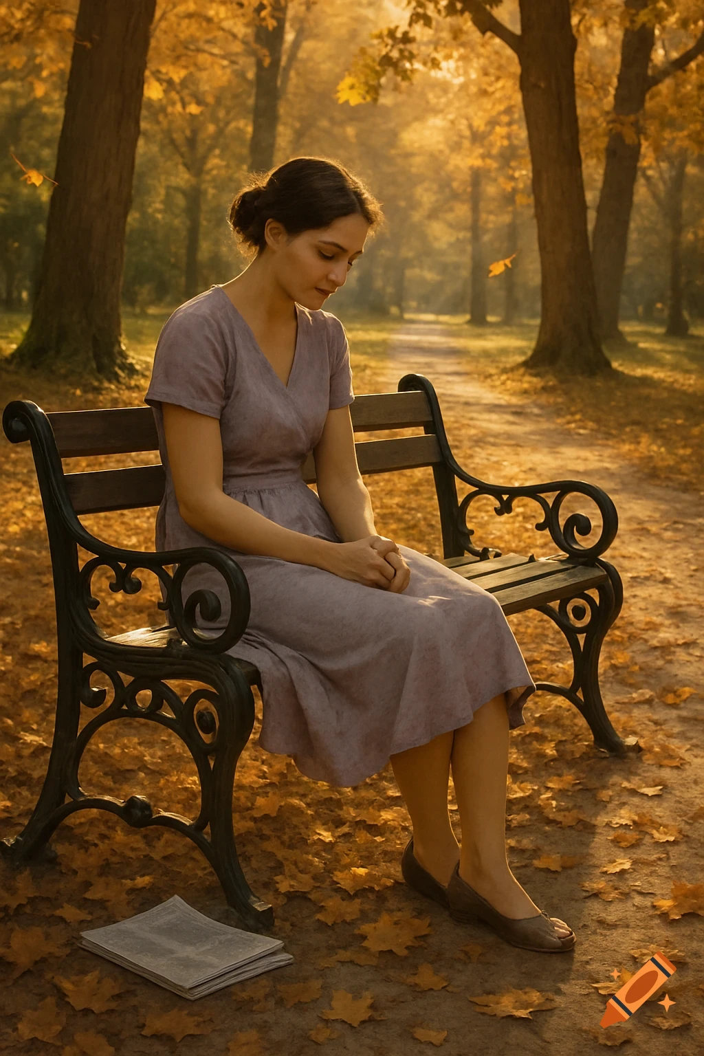 A woman in a purple dress sits on a park bench surrounded by golden autumn leaves, looking down.