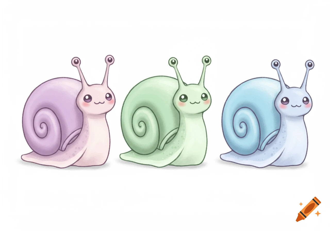 Three cute cartoon snails in pastel pink, green, and blue with smiling faces, in a kawaii children's cartoon style on a white background.