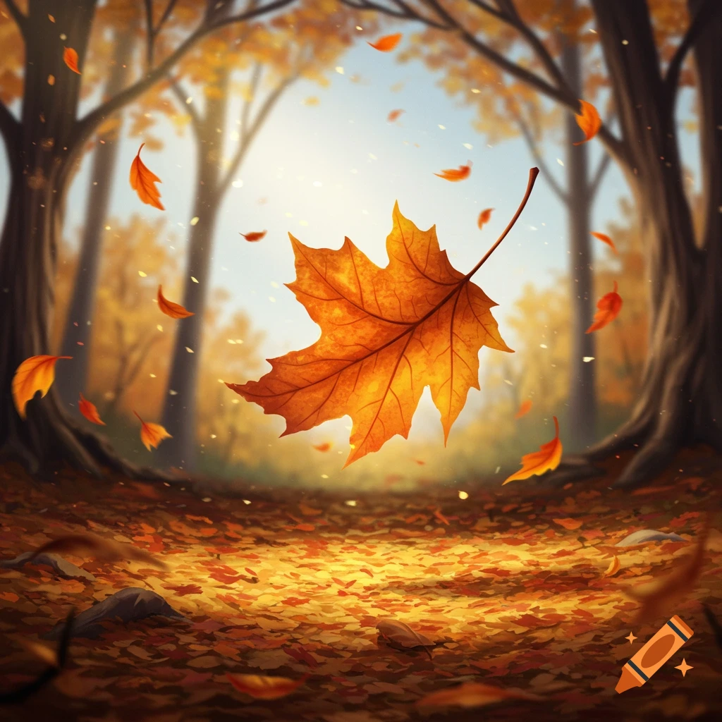 A large orange maple leaf floats down a sunlit forest path covered in fallen autumn leaves.