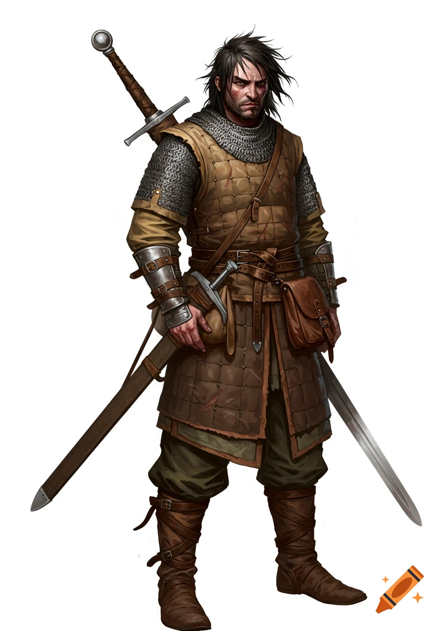 A grim-faced medieval mercenary with dark hair, wearing chainmail and leather armor, carrying two swords. Detailed fantasy art.